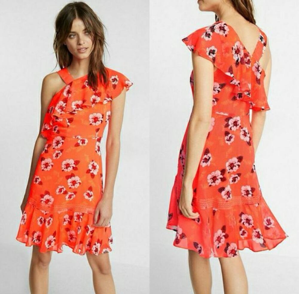 Women's Express Orange Pink Floral One Shoulder Ruffle Fit & Flare Mini Dress 0